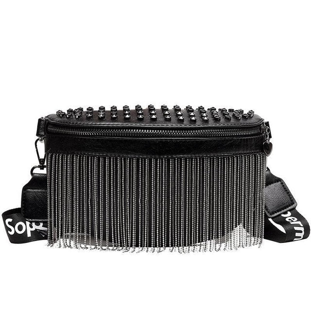 Sac Banane Noir Franges Clouté Tendance