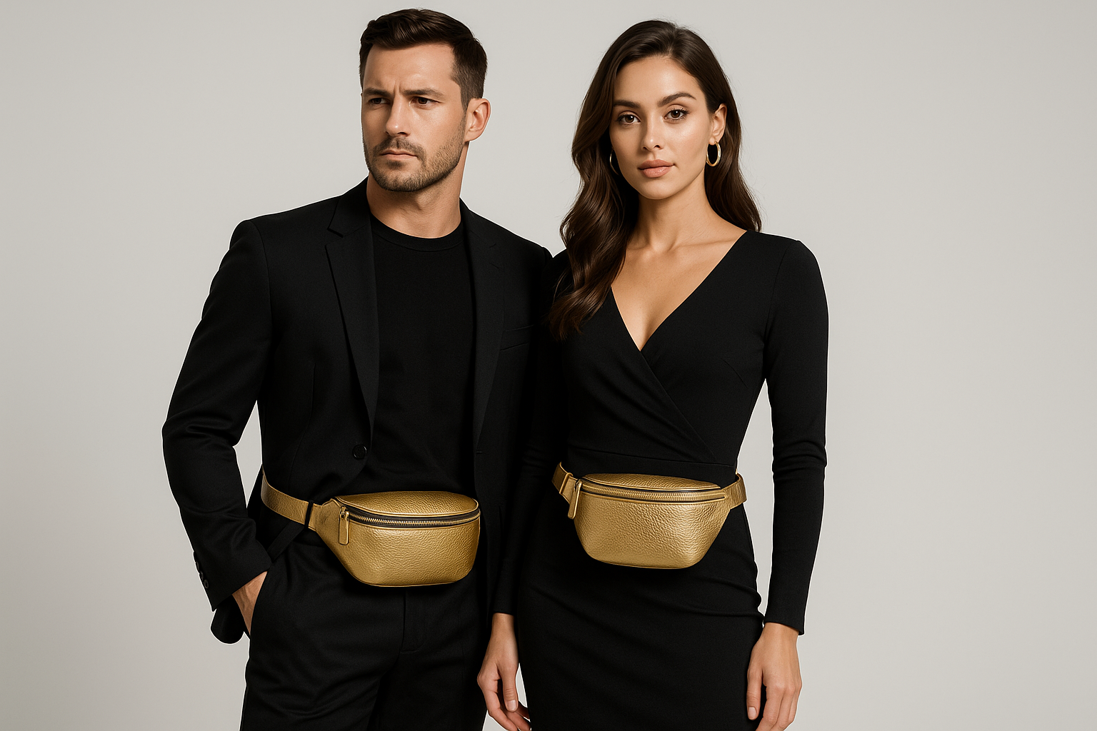 une image hd type publicité catalogue de vente sur fond gris clair d’un homme et d’une femme habillés de manière chic en noir portant un sac banane doré adapté selon la personne qui le porte au style masculin et féminin