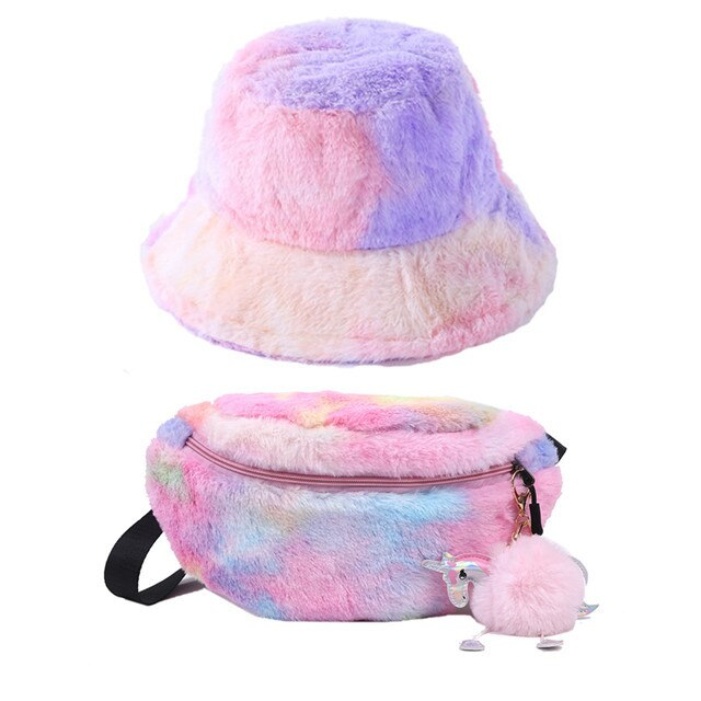 Ensemble Sac Banane et Chapeau Peluche Arc-en-ciel