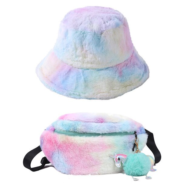 Ensemble Sac Banane et Chapeau Peluche Arc-en-ciel