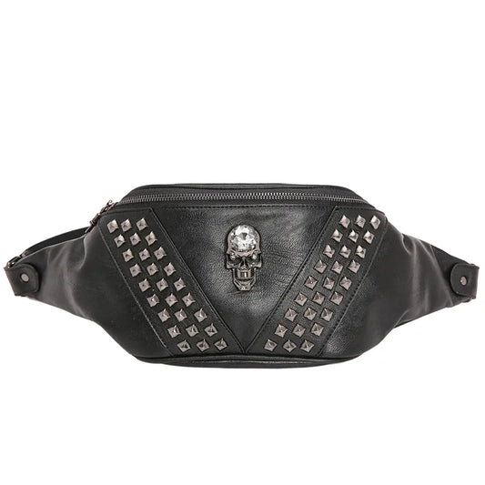 Sac Banane Cuir Noir Tête de Mort Glam