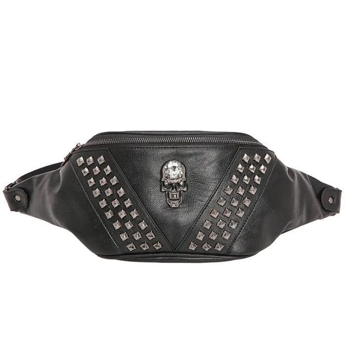 Sac Banane Cuir Noir Tête de Mort Glam