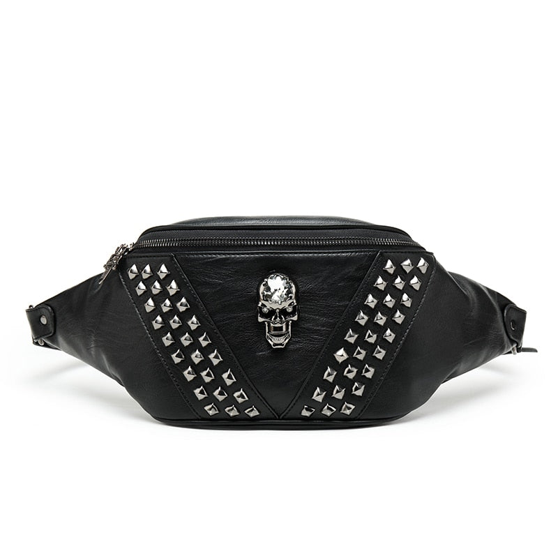 Sac Banane Cuir Noir Tête de Mort Rivets