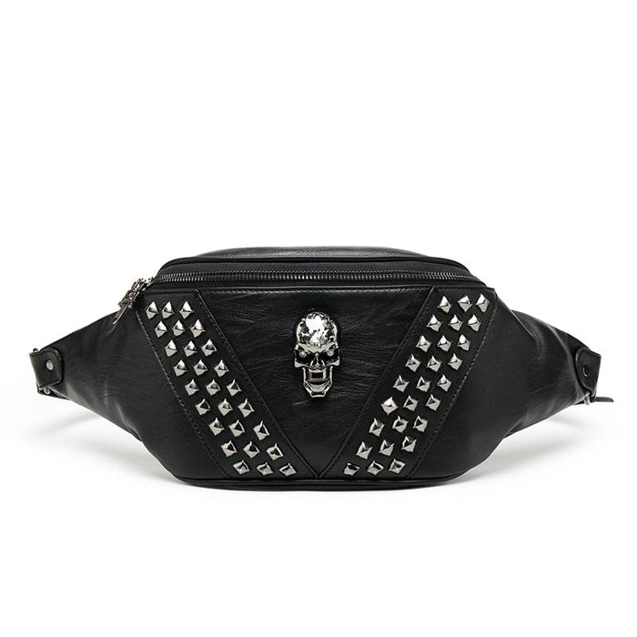 Sac Banane Cuir Noir Tête de Mort Rivets