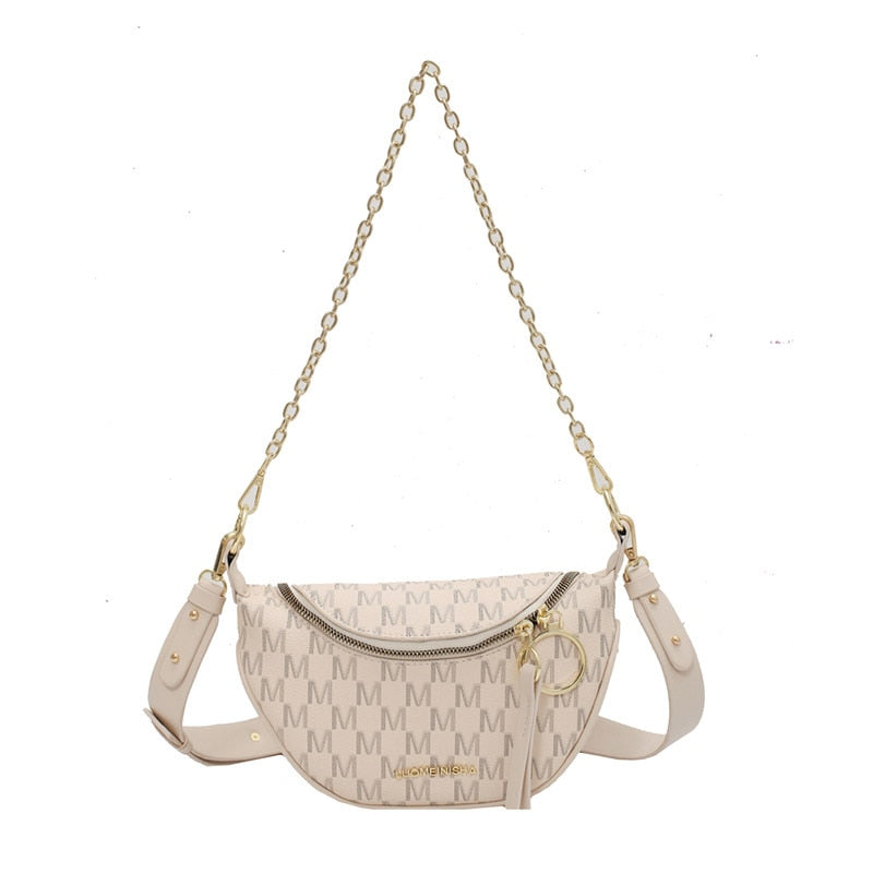 Sac Banane Élégant Monogramme Beige Chaîne Dorée