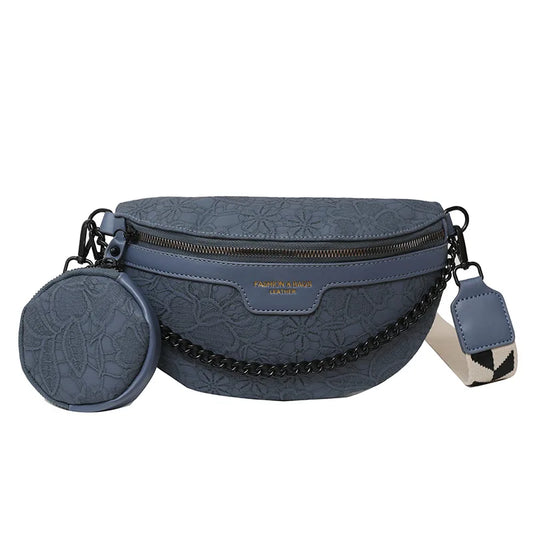 Sac Banane Élégant Cuir Bleu Floral