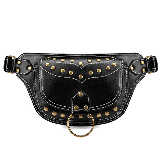 Sacoche Banane Cuir Noir Rivets Dorés