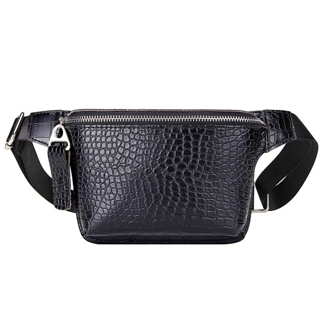 Sac Banane Élégant Cuir Noir Crocodile