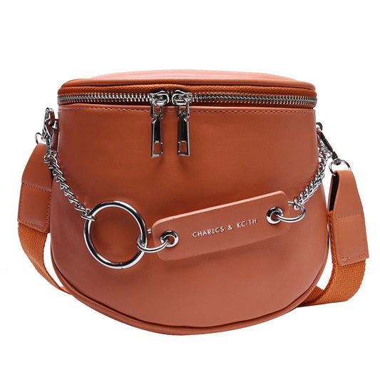 Sac Banane Élégant Cuir Marron Chaîne Métal