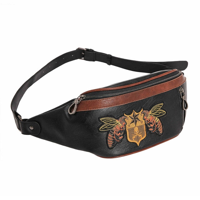 Sac Banane Cuir Noir Emblème Abeille Vintage