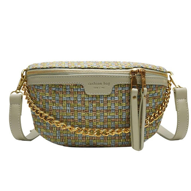 Sac Banane Chic Maille Tweed et Chaîne Dorée