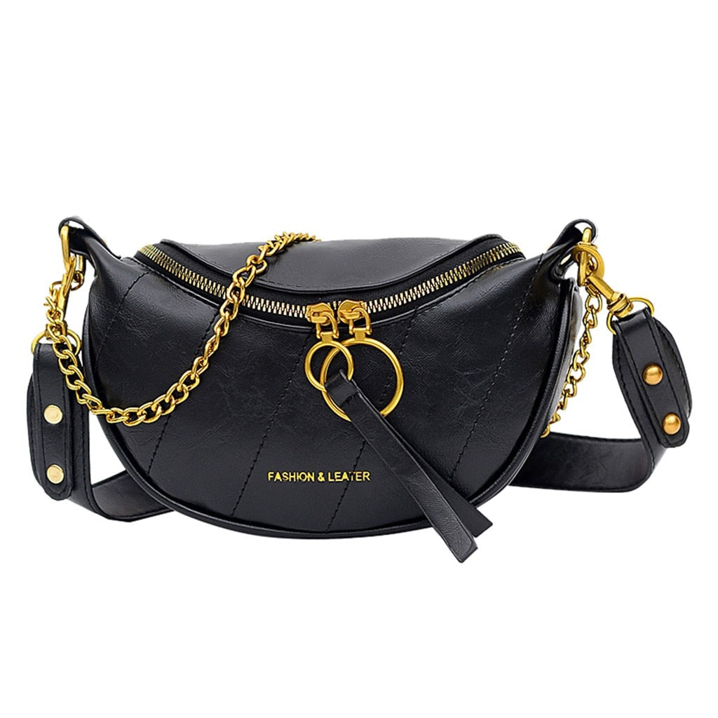 Sac Banane Cuir Noir Chaîne Dorée Tendance