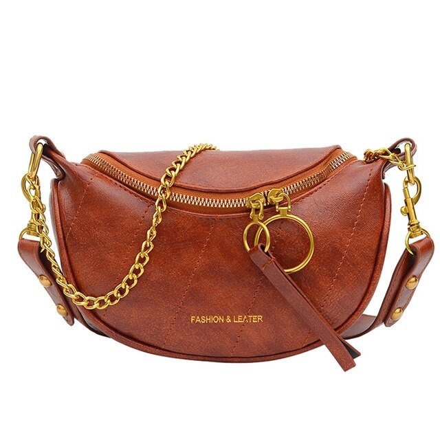 Sac Banane Cuir Noir Chaîne Dorée Tendance