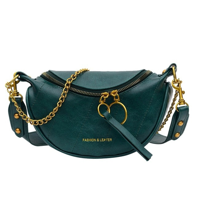 Sac Banane Cuir Noir Chaîne Dorée Tendance