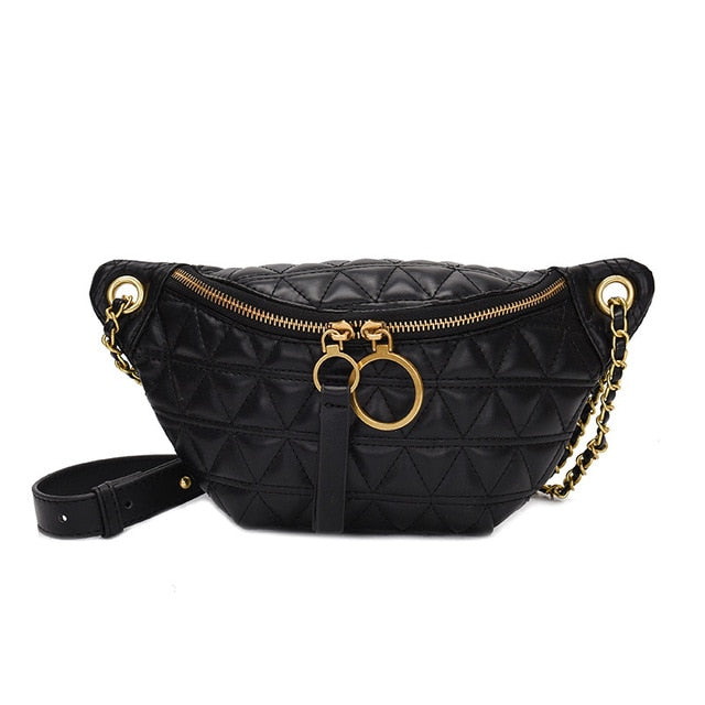 Sac Banane Noir Matelassé Élégant Chaîne Dorée