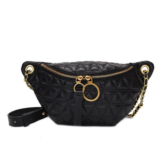 Sac Banane Noir Matelassé Élégant Chaîne Dorée
